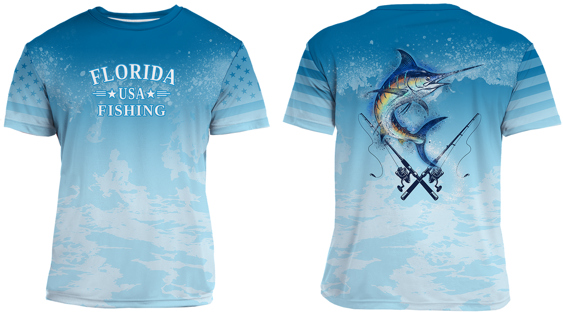 UPF 50+ Performance Fishing Shirt | Lightweight UV Sun Protection Apparel MARLIN SPLAT WATER BLUE