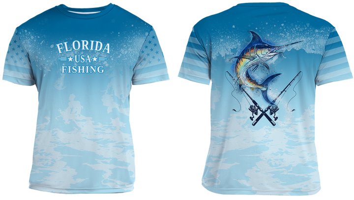 UPF 50+ Performance Fishing Shirt | Lightweight UV Sun Protection Apparel MARLIN SPLAT WATER BLUE