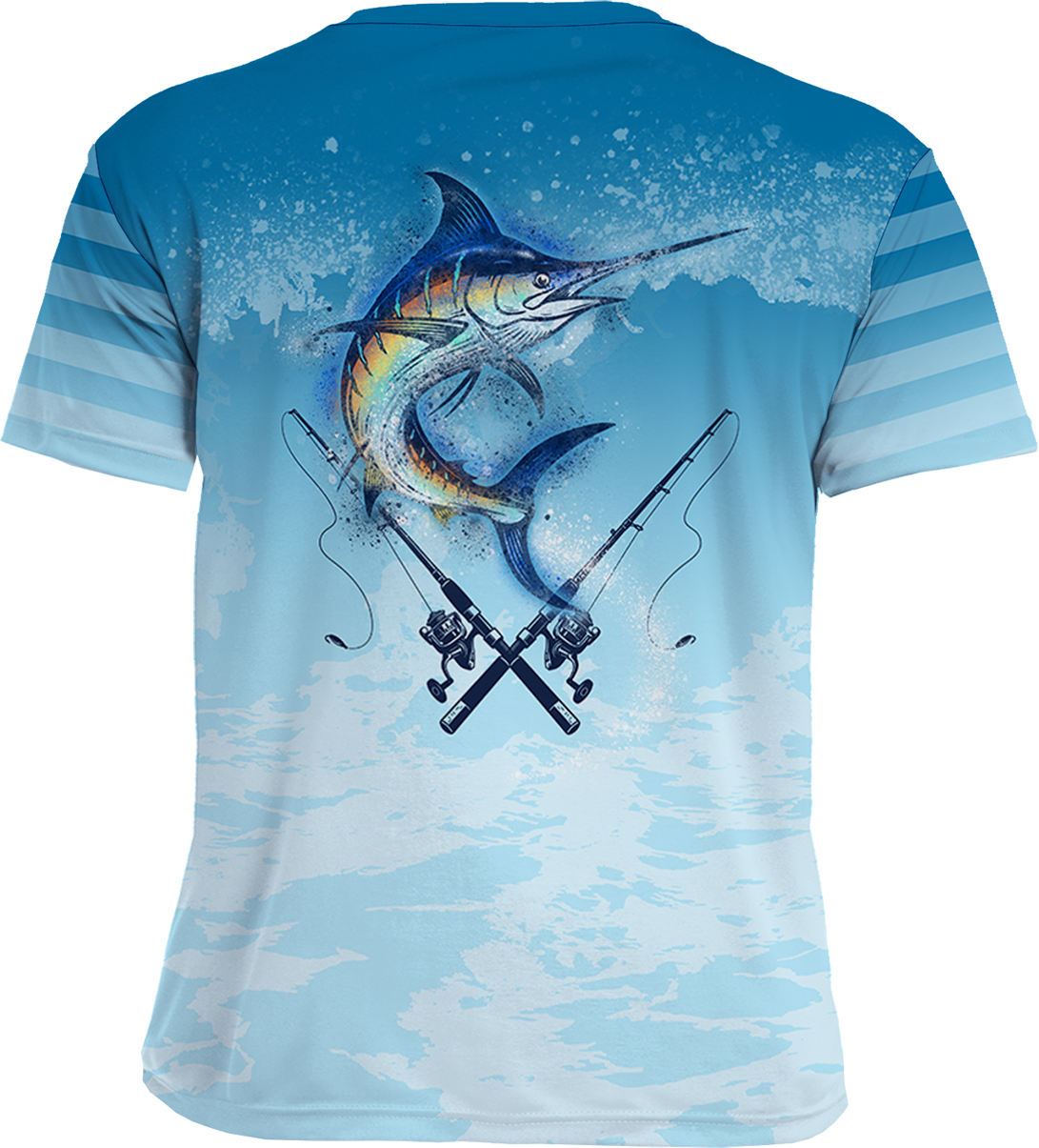 UPF 50+ Performance Fishing Shirt | Lightweight UV Sun Protection Apparel MARLIN SPLAT WATER BLUE