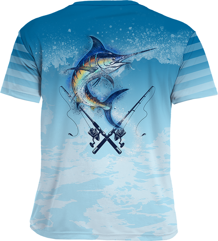 UPF 50+ Performance Fishing Shirt | Lightweight UV Sun Protection Apparel MARLIN SPLAT WATER BLUE