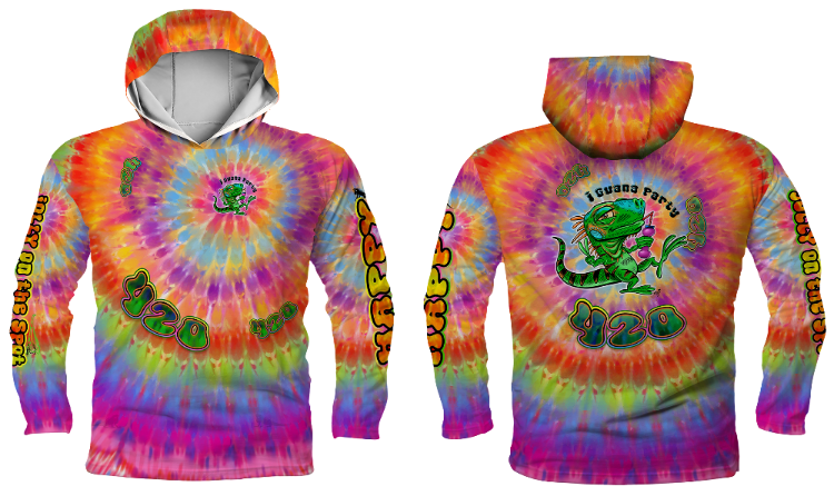 Colorful tie-dye design yet full sublimated hoodie with a graphic design on the front and back, featuring a 420 party iguana.